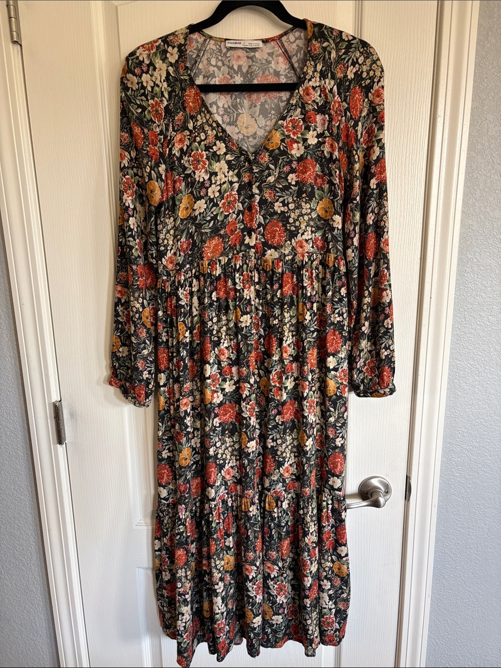 Pull & Bear black floral tiered midi dress - perfect fall print